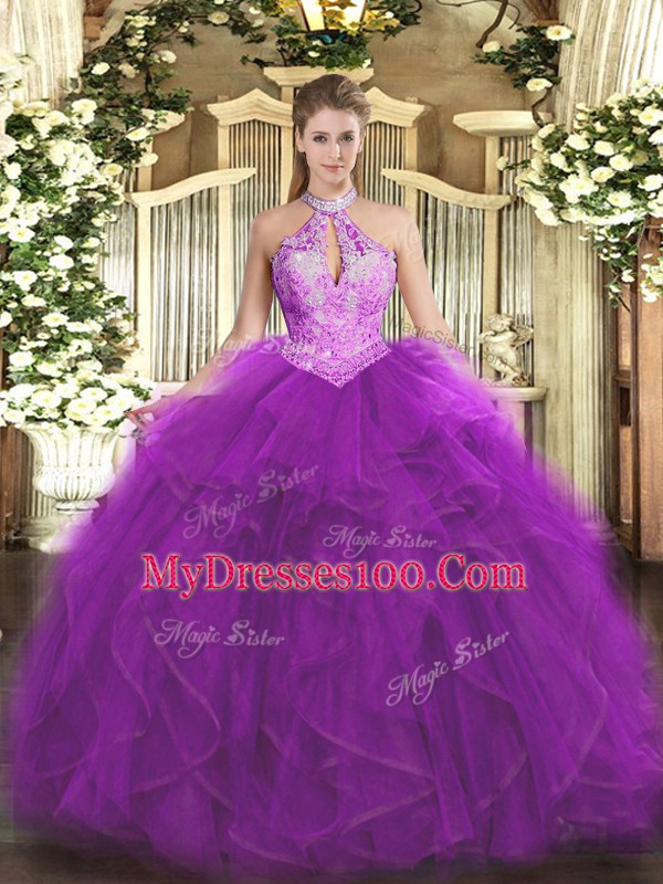 Excellent Purple Lace Up Halter Top Ruffles and Sequins Sweet 16 Dresses Organza Sleeveless