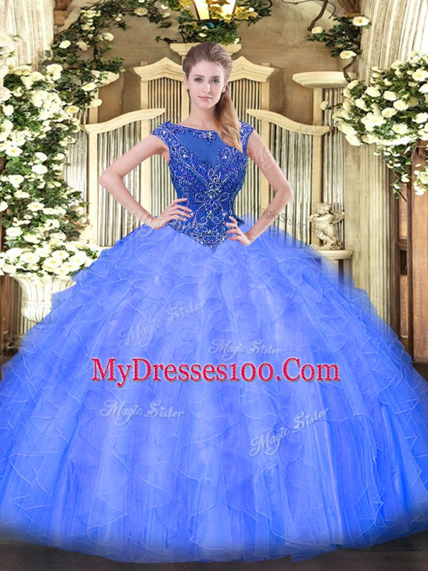 Flare Scoop Sleeveless Zipper Quince Ball Gowns Blue Tulle