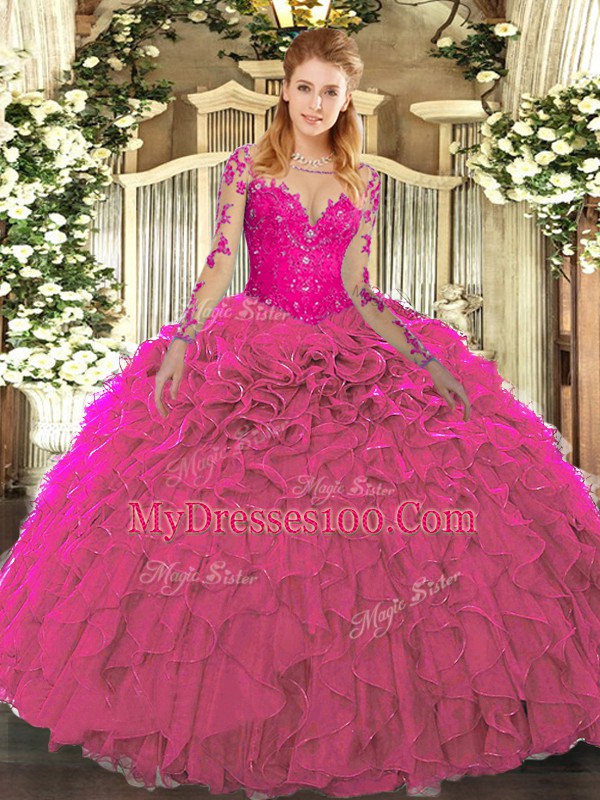 Organza Long Sleeves Floor Length 15th Birthday Dress and Lace and Ruffles
