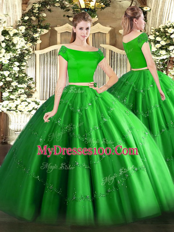 Lovely Green Two Pieces Tulle Off The Shoulder Short Sleeves Appliques Floor Length Zipper Quinceanera Dress