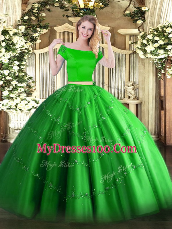 Lovely Green Two Pieces Tulle Off The Shoulder Short Sleeves Appliques Floor Length Zipper Quinceanera Dress