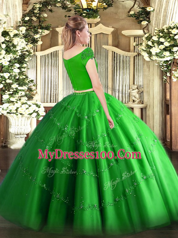 Lovely Green Two Pieces Tulle Off The Shoulder Short Sleeves Appliques Floor Length Zipper Quinceanera Dress