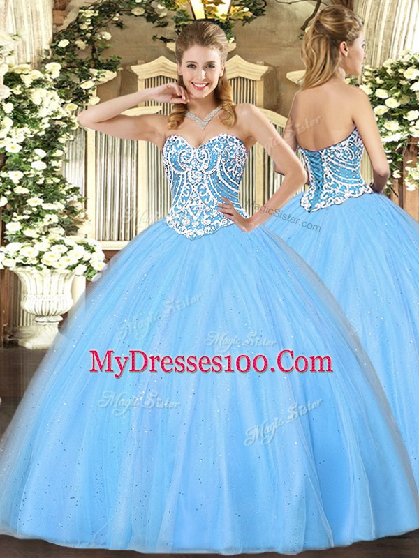 Ball Gowns Quinceanera Gown Aqua Blue Sweetheart Tulle Sleeveless Floor Length Lace Up