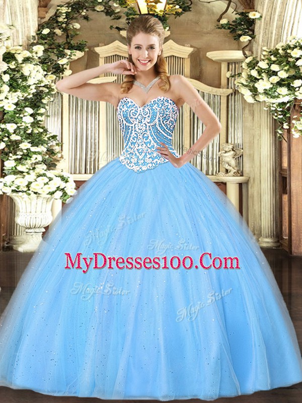Ball Gowns Quinceanera Gown Aqua Blue Sweetheart Tulle Sleeveless Floor Length Lace Up