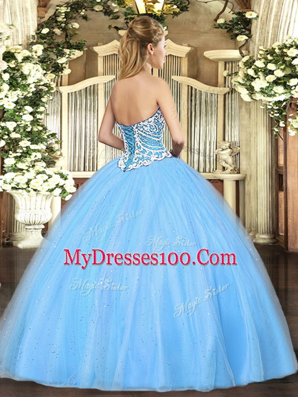 Ball Gowns Quinceanera Gown Aqua Blue Sweetheart Tulle Sleeveless Floor Length Lace Up