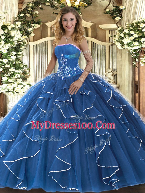 Lovely Floor Length Lace Up Sweet 16 Dress Blue for Military Ball and Sweet 16 and Quinceanera with Beading and Ruffles