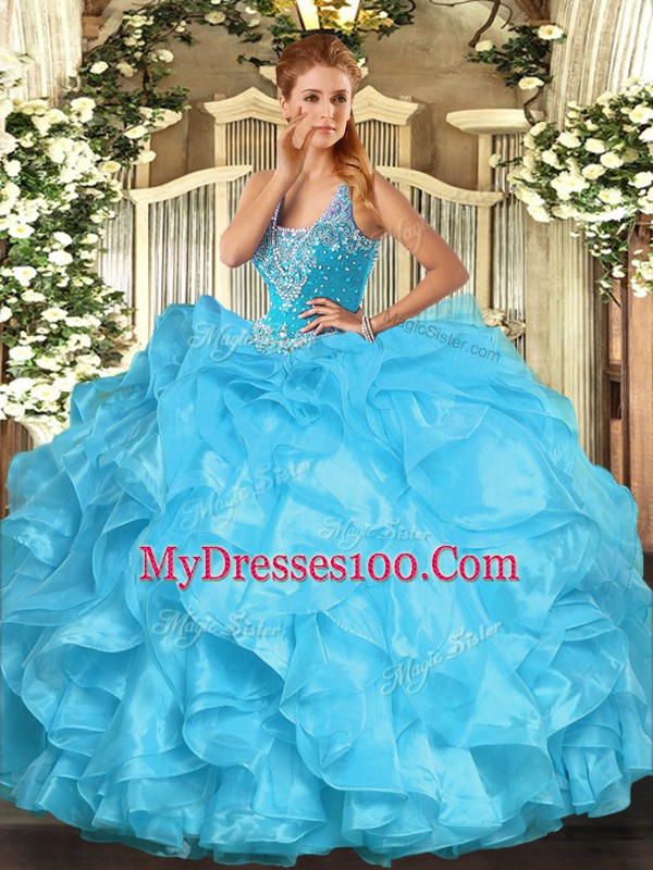 Straps Sleeveless Organza 15 Quinceanera Dress Beading and Ruffles Lace Up