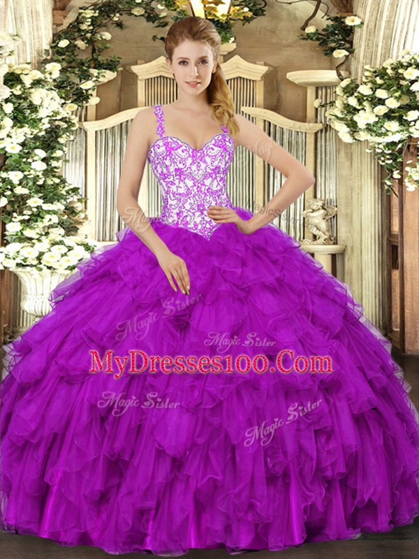 Wonderful Fuchsia Lace Up Straps Beading and Appliques and Ruffles Quinceanera Dresses Organza Sleeveless