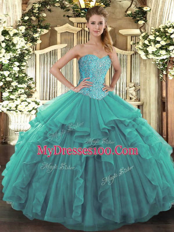 Sleeveless Lace Up Floor Length Beading and Ruffles Sweet 16 Quinceanera Dress