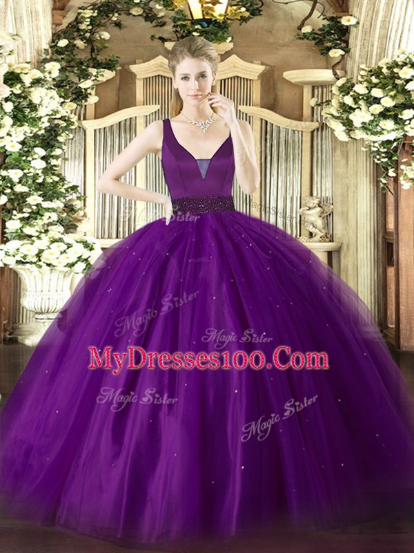 Purple Sleeveless Tulle Zipper 15th Birthday Dress for Military Ball and Sweet 16 and Quinceanera