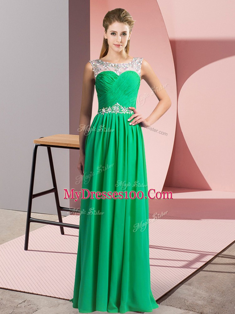 Sleeveless Floor Length Beading Clasp Handle Homecoming Dress with Green