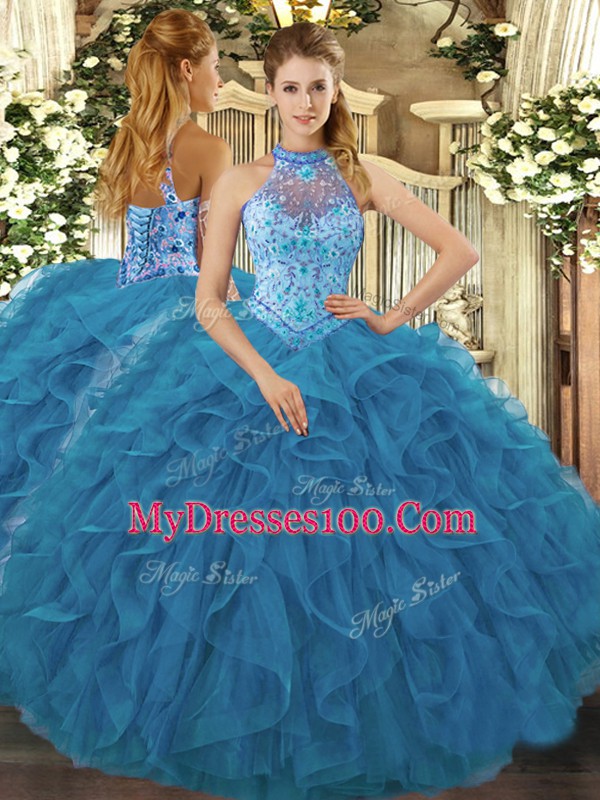 Chic Halter Top Sleeveless Lace Up Quince Ball Gowns Teal Organza