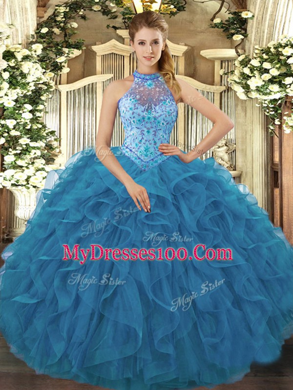 Chic Halter Top Sleeveless Lace Up Quince Ball Gowns Teal Organza