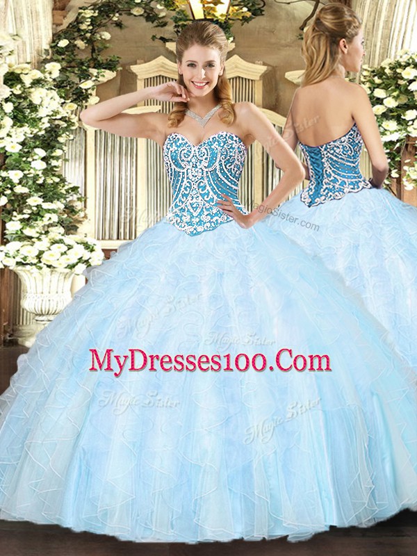 Light Blue Ball Gowns Tulle Sweetheart Sleeveless Beading and Ruffles Floor Length Lace Up Quinceanera Gown