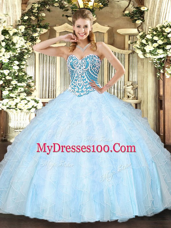 Light Blue Ball Gowns Tulle Sweetheart Sleeveless Beading and Ruffles Floor Length Lace Up Quinceanera Gown