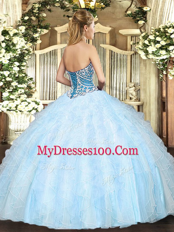 Light Blue Ball Gowns Tulle Sweetheart Sleeveless Beading and Ruffles Floor Length Lace Up Quinceanera Gown