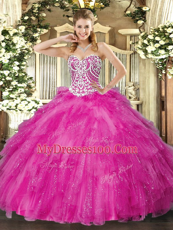 Fuchsia Ball Gowns Beading and Ruffles 15 Quinceanera Dress Lace Up Tulle Sleeveless Floor Length