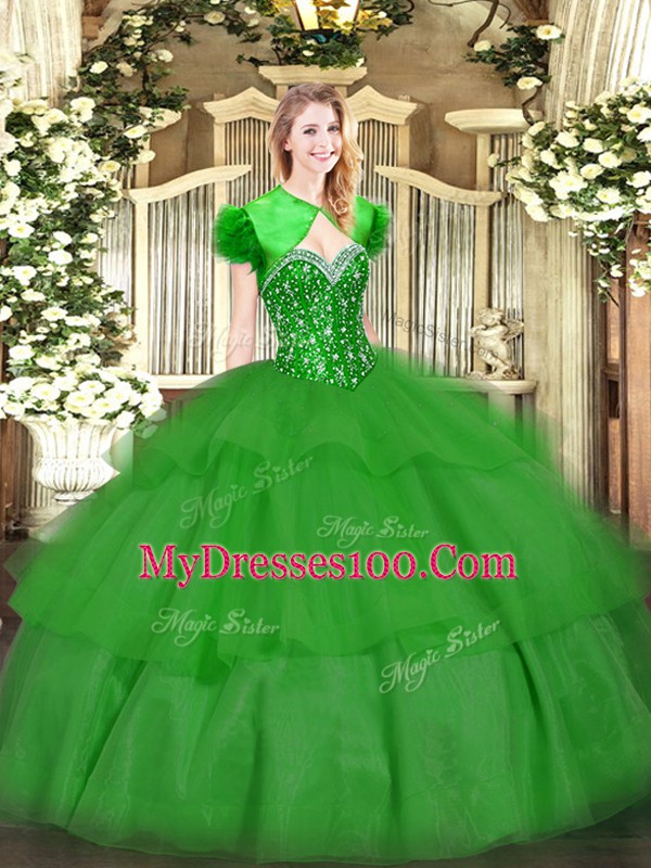 Sumptuous Green Ball Gowns Sweetheart Sleeveless Tulle Floor Length Lace Up Beading and Ruffled Layers Quinceanera Gown