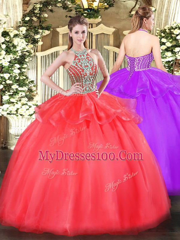 Floor Length Lace Up Quince Ball Gowns Coral Red for Military Ball and Sweet 16 and Quinceanera with Beading and Ruffles