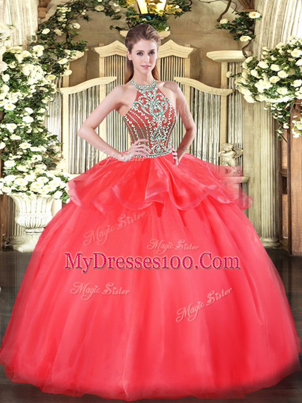 Floor Length Lace Up Quince Ball Gowns Coral Red for Military Ball and Sweet 16 and Quinceanera with Beading and Ruffles