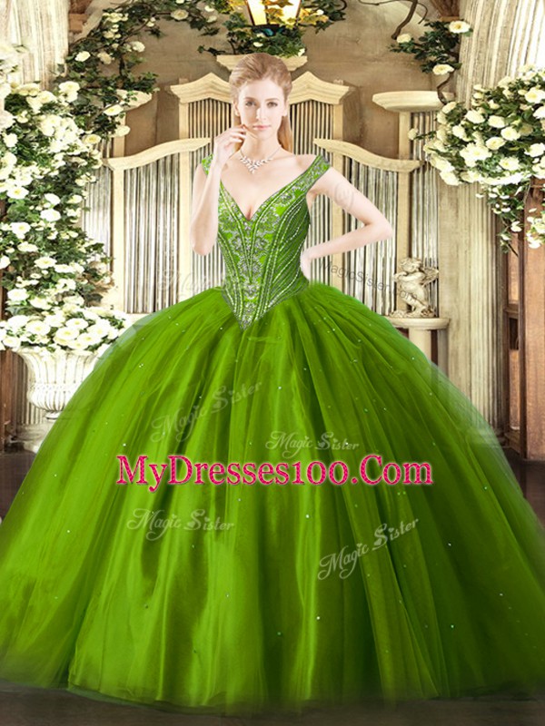 Shining V-neck Sleeveless Sweet 16 Quinceanera Dress Floor Length Beading Green Tulle