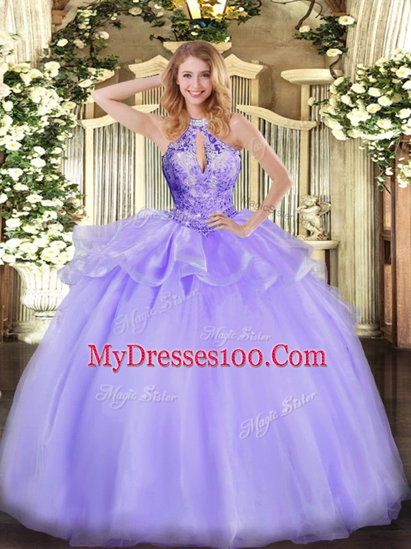 Clearance Sleeveless Floor Length Beading Lace Up Quinceanera Gown with Lavender