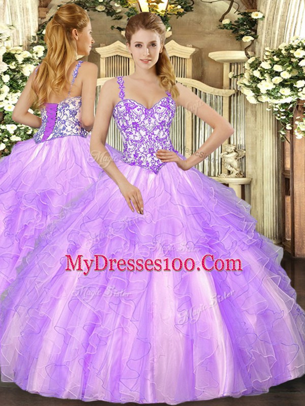 Dazzling Floor Length Lace Up Sweet 16 Dresses Lavender for Sweet 16 and Quinceanera with Beading and Appliques and Ruffles