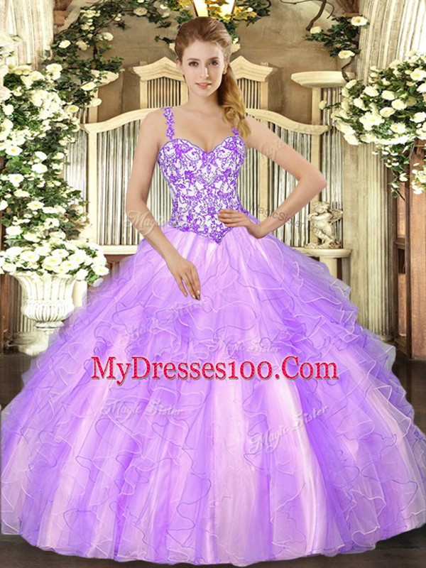 Dazzling Floor Length Lace Up Sweet 16 Dresses Lavender for Sweet 16 and Quinceanera with Beading and Appliques and Ruffles