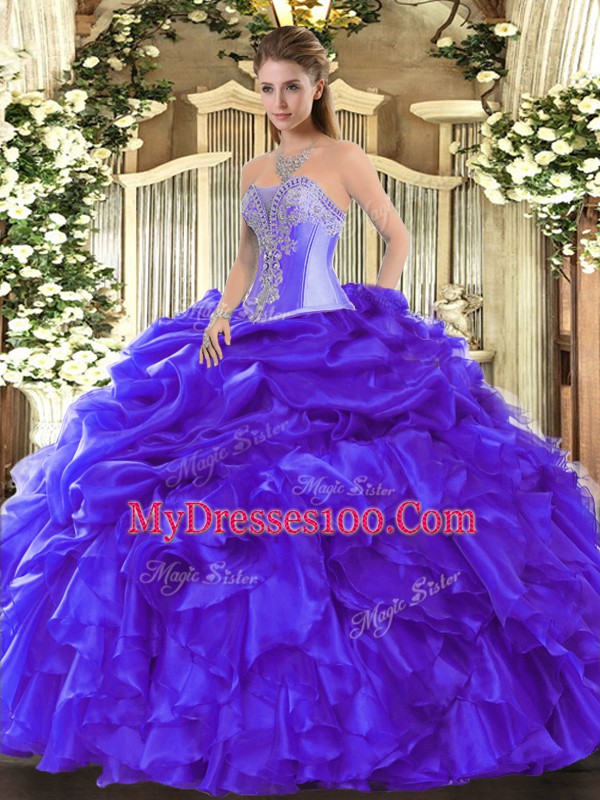 Luxurious Blue Sleeveless Beading and Ruffles Floor Length Ball Gown Prom Dress