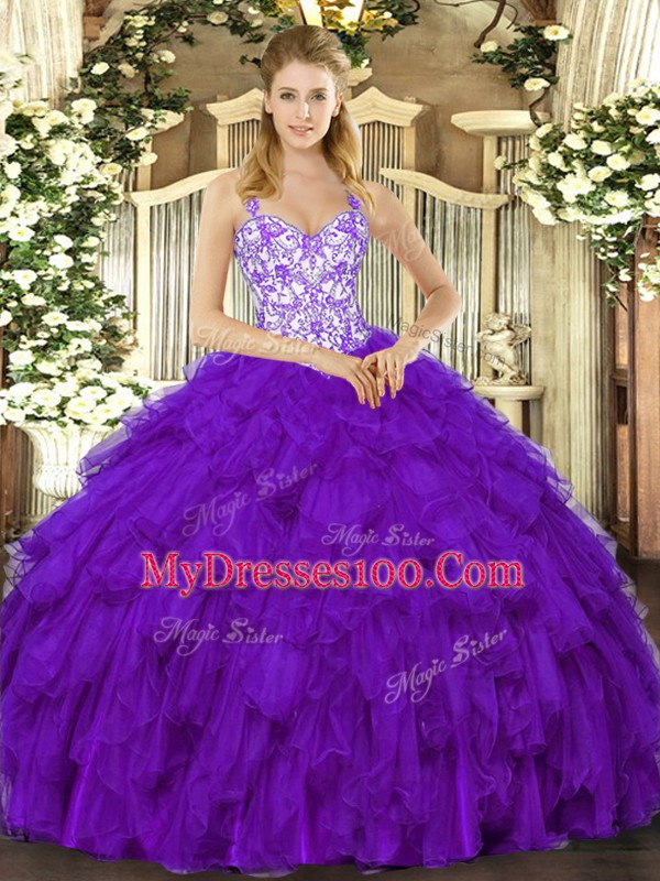 Cheap Floor Length Ball Gowns Sleeveless Purple Ball Gown Prom Dress Lace Up