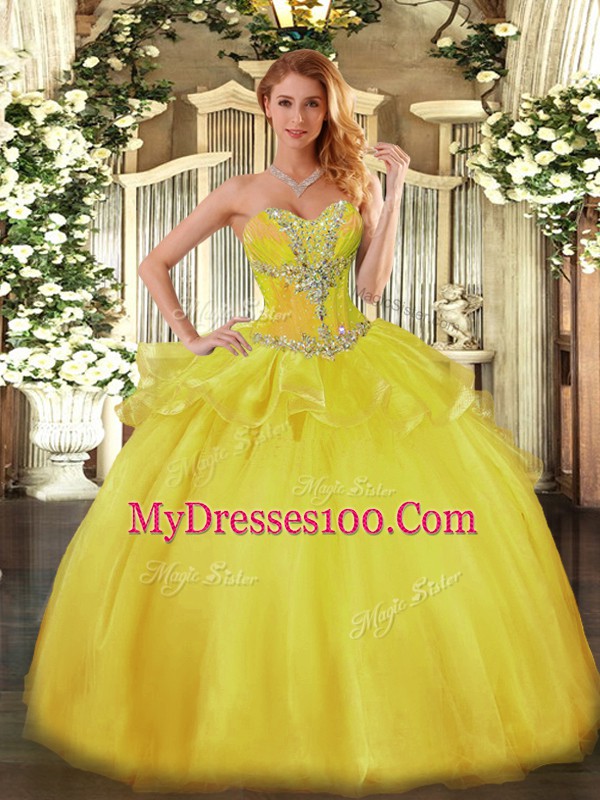 Colorful Sleeveless Floor Length Beading Lace Up 15th Birthday Dress with Gold