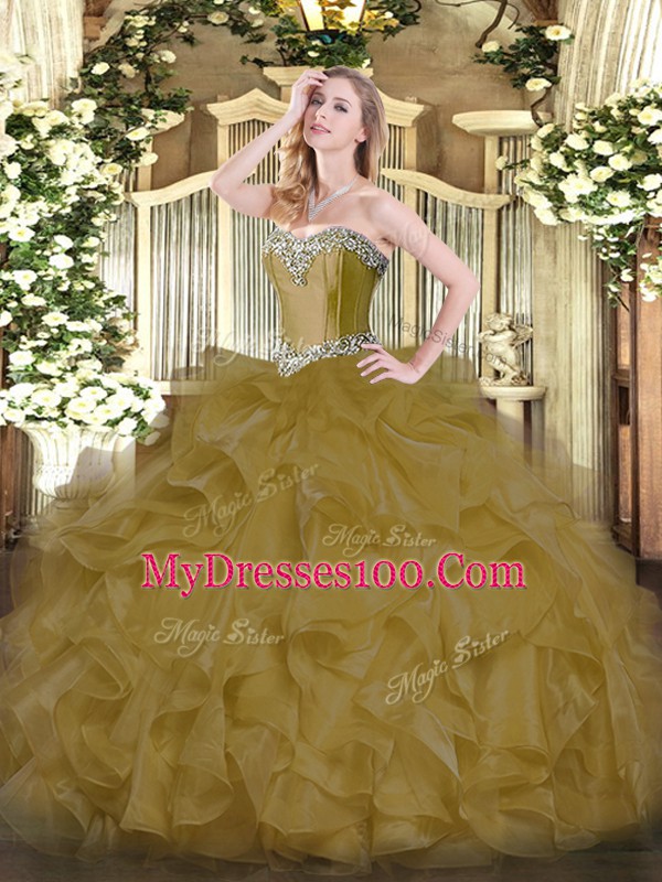 Perfect Brown Sweetheart Lace Up Beading and Ruffles 15th Birthday Dress Sleeveless