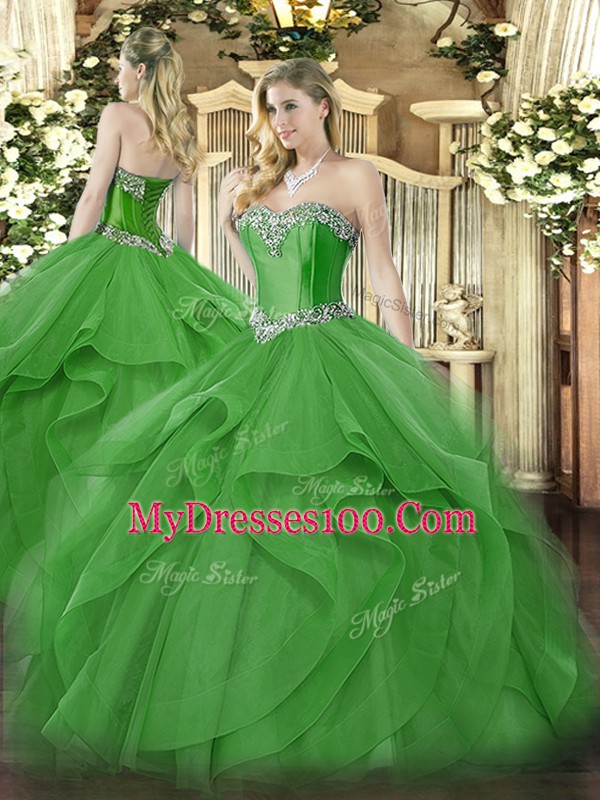 Exceptional Green Ball Gowns Beading and Ruffles Sweet 16 Quinceanera Dress Lace Up Tulle Sleeveless Floor Length