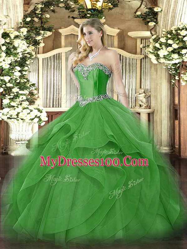 Exceptional Green Ball Gowns Beading and Ruffles Sweet 16 Quinceanera Dress Lace Up Tulle Sleeveless Floor Length