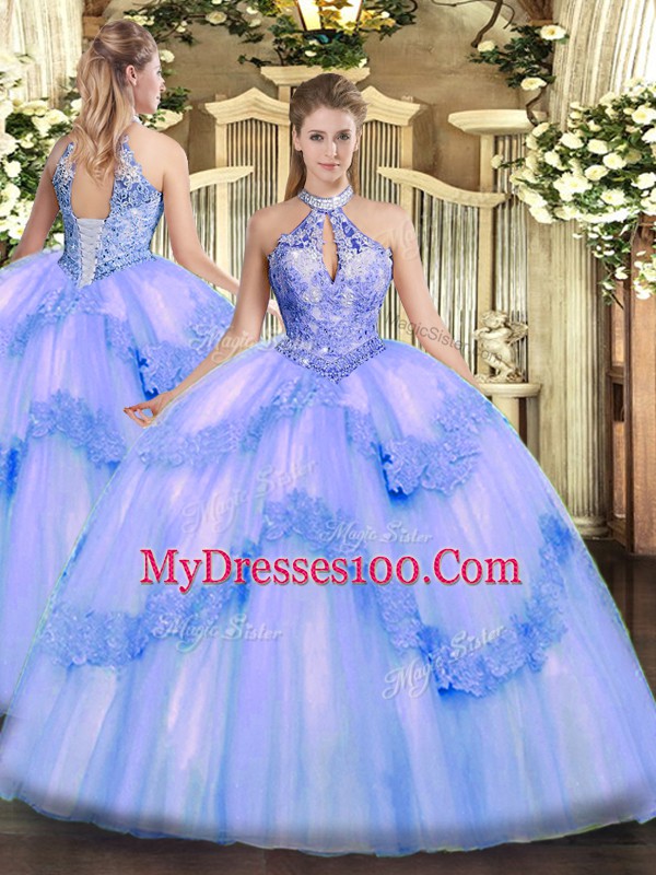 Floor Length Lace Up Vestidos de Quinceanera Blue for Military Ball and Sweet 16 and Quinceanera with Appliques and Sequins