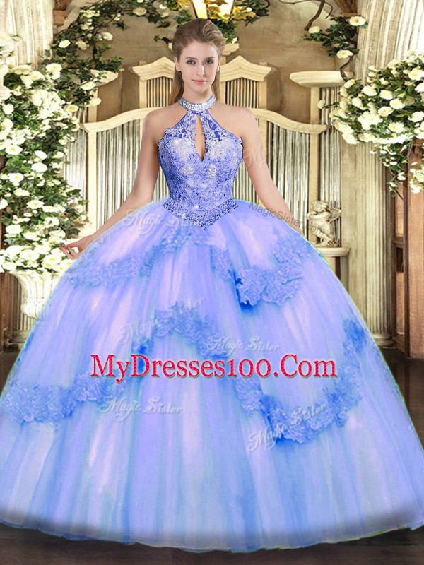Floor Length Lace Up Vestidos de Quinceanera Blue for Military Ball and Sweet 16 and Quinceanera with Appliques and Sequins