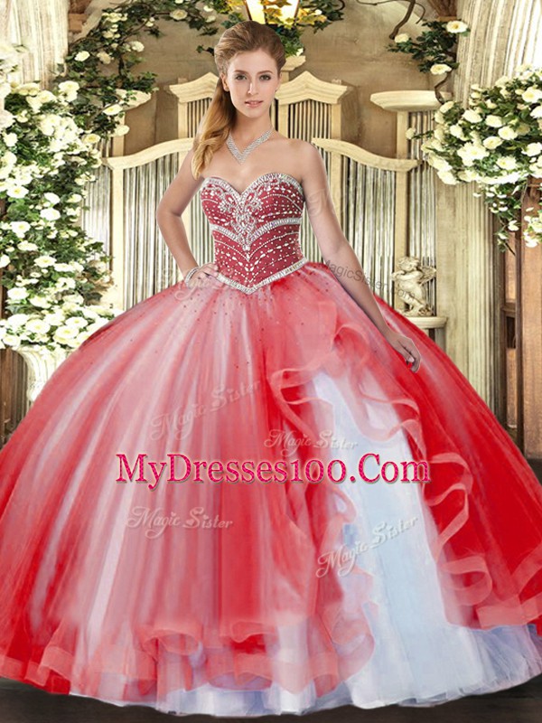 Free and Easy Floor Length Ball Gowns Sleeveless Coral Red 15 Quinceanera Dress Lace Up