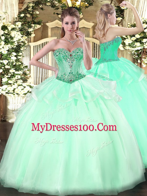 Noble Organza Sweetheart Sleeveless Lace Up Beading Quince Ball Gowns in Apple Green