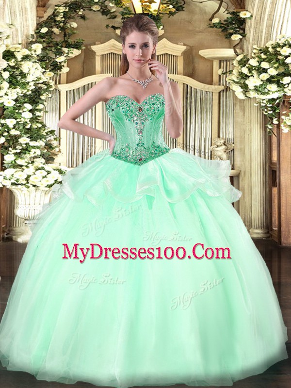 Noble Organza Sweetheart Sleeveless Lace Up Beading Quince Ball Gowns in Apple Green