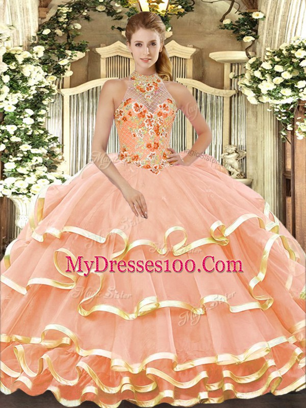Hot Selling Peach Ball Gowns Halter Top Sleeveless Organza Floor Length Lace Up Beading and Embroidery Sweet 16 Dress
