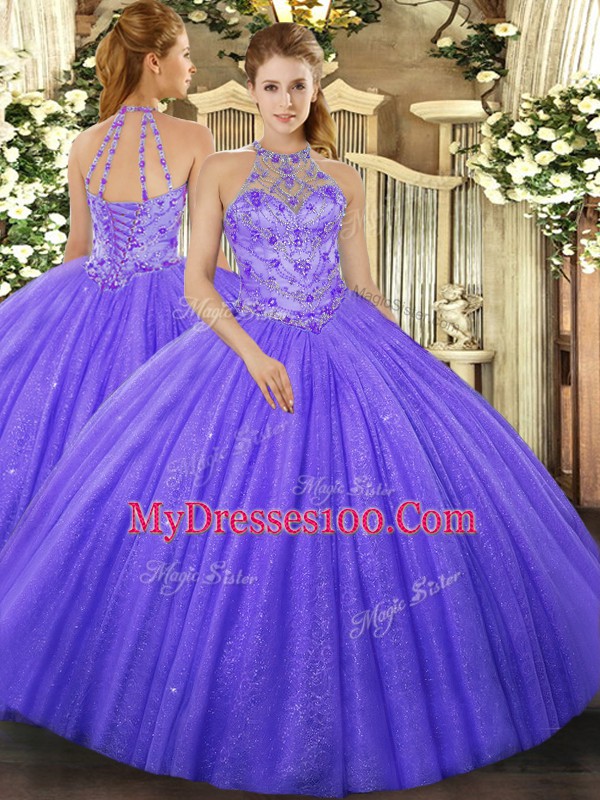 Ball Gowns Quince Ball Gowns Lavender Halter Top Tulle Sleeveless Floor Length Lace Up