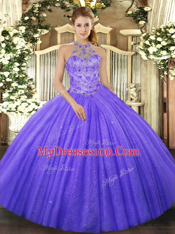 Ball Gowns Quince Ball Gowns Lavender Halter Top Tulle Sleeveless Floor Length Lace Up