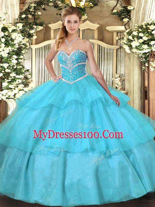 Latest Floor Length Lace Up Sweet 16 Dress Aqua Blue for Military Ball and Sweet 16 and Quinceanera with Beading and Ruffled Layers