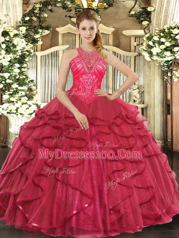 Flirting High-neck Sleeveless Organza Quinceanera Dress Beading and Ruffles Lace Up