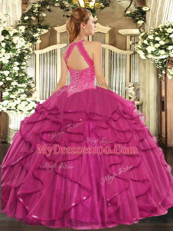 Flirting High-neck Sleeveless Organza Quinceanera Dress Beading and Ruffles Lace Up