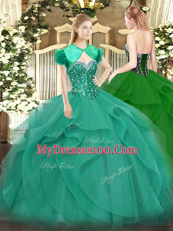 Custom Designed Sleeveless Floor Length Beading and Ruffles Lace Up Sweet 16 Dress with Turquoise