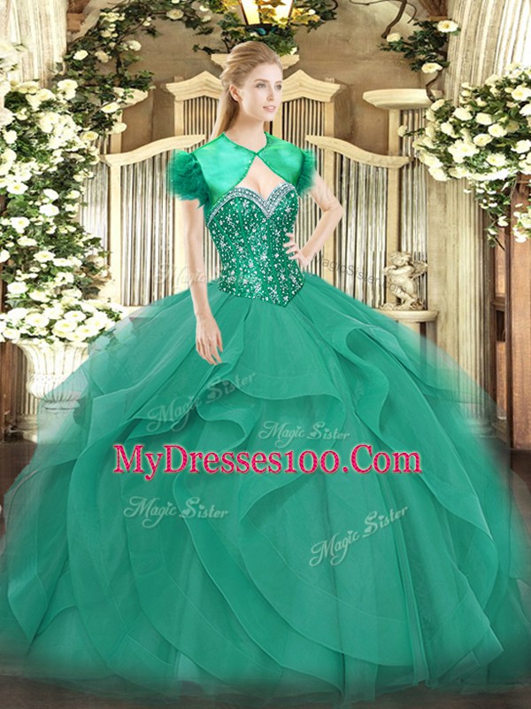 Custom Designed Sleeveless Floor Length Beading and Ruffles Lace Up Sweet 16 Dress with Turquoise