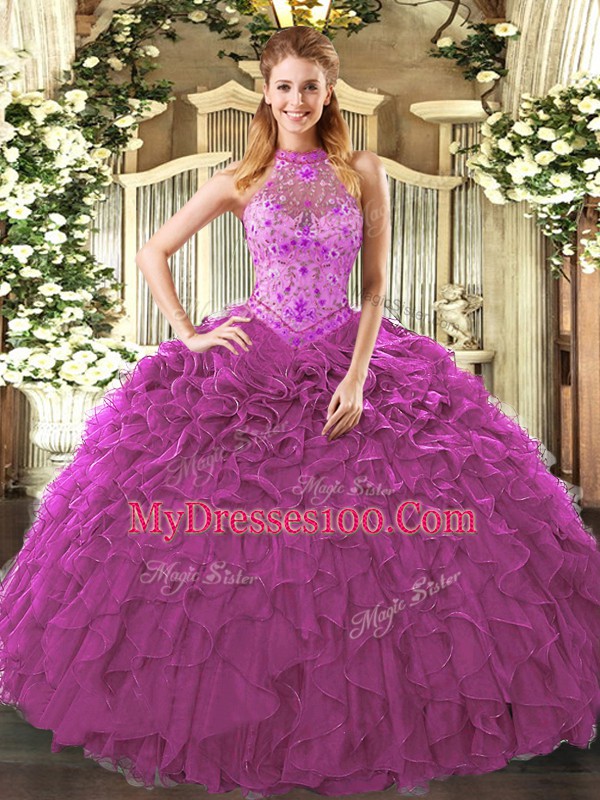 Admirable Embroidery and Ruffles Quinceanera Gowns Fuchsia Lace Up Sleeveless Floor Length