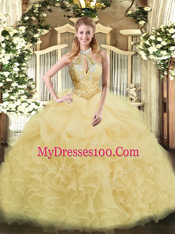 Halter Top Sleeveless Lace Up Quinceanera Dress Champagne Organza