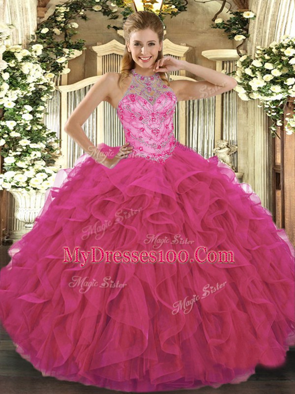 Floor Length Hot Pink Sweet 16 Quinceanera Dress Halter Top Sleeveless Lace Up